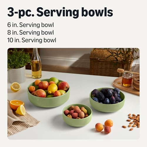 Amazon Basics Glazed Stoneware Serving Bowls, 3-Piece Set, Dishwasher-Safe, Microwave-Safe, Olive view 2