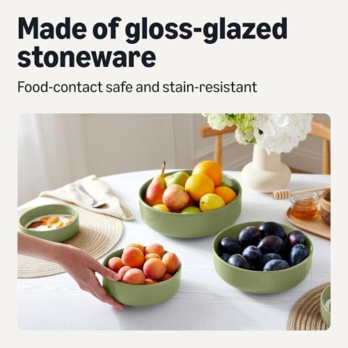 Amazon Basics Glazed Stoneware Serving Bowls, 3-Piece Set, Dishwasher-Safe, Microwave-Safe, Olive view 3