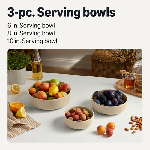 Amazon Basics Glazed Stoneware Serving Bowls, 3-Piece Set, Dishwasher-Safe, Microwave and Freezer-Safe, Nest for Space-Saving, Linen Gray view 2