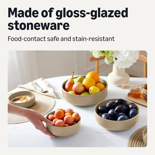Amazon Basics Glazed Stoneware Serving Bowls, 3-Piece Set, Dishwasher-Safe, Microwave and Freezer-Safe, Nest for Space-Saving, Linen Gray view 3