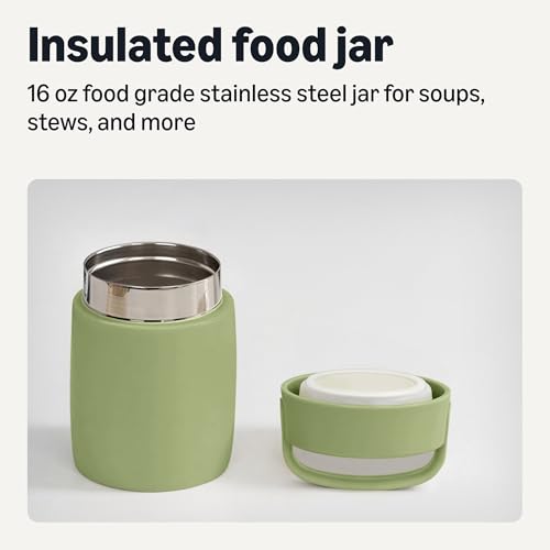 Amazon Basics Insulated Food Jar, Hot and Cold Food Container, Stainless Steel, Leak-proof with Carry Handle, 16 Ounces, Olive view 2