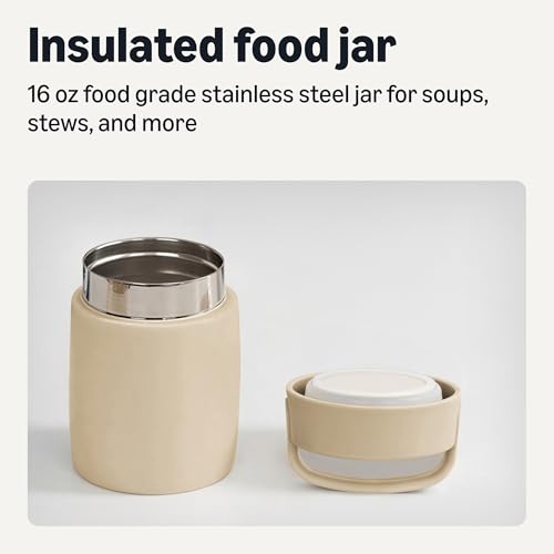 Amazon Basics Insulated Food Jar, Hot and Cold Food Container, Stainless Steel, Leak-proof with Carry Handle, 16 Ounces, Linen Gray view 2