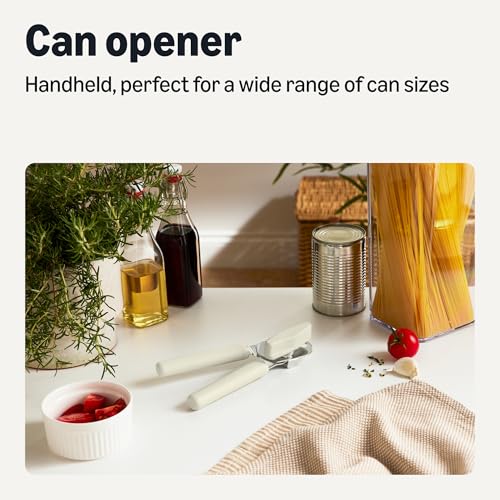 Amazon Basics Manual Can Opener with Stainless Steel Construction, Soft Grip Handle, Dishwasher Safe, Linen Gray view 2