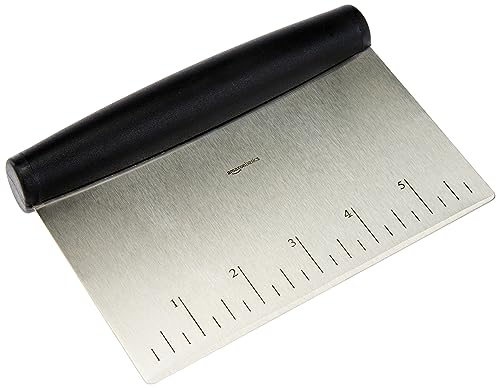 Amazon Basics Multi-Purpose Bench Scraper, Stainless Steel Dough Cutter with Measurement Marks, Dishwasher Safe, Non-slip Contoured Grip, 6", Black, Silver