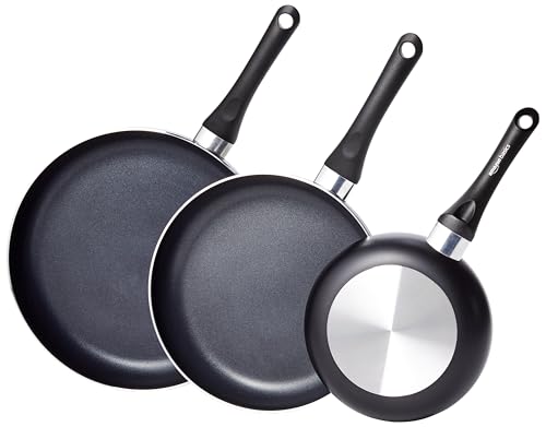 Amazon Basics Non Stick 3-Piece Kitchen Cookware Set, Includes 8-inch, 10-inch, 12-inch Pan, Black