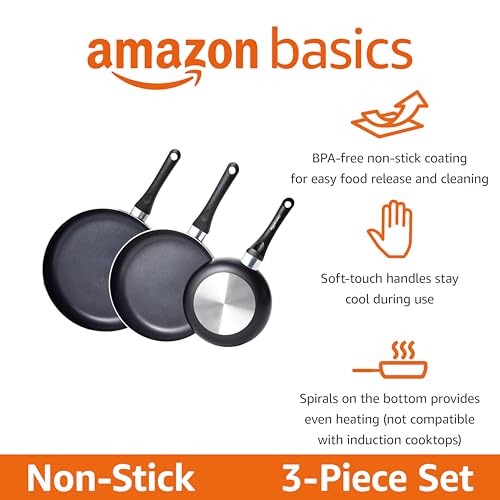 Amazon Basics Non Stick 3-Piece Kitchen Cookware Set, Includes 8-inch, 10-inch, 12-inch Pan, Black