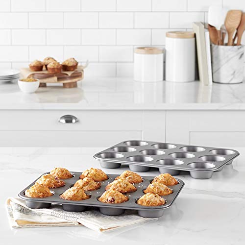 Amazon Basics Nonstick Muffin Pan, Set of 2, Sturdy, Oven Safe, Bakes Evenly, Easy to Clean, 12 Cups, Gray, 13.9x10.55x1.22" view 2