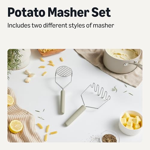 Amazon Basics Potato Mashers, 2-Piece Set, Stainless Steel, Soft Grip Handle, Dishwasher-Safe, Linen Gray view 2
