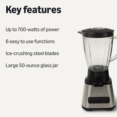 Amazon Basics Powerful 700W Countertop Blender with 6-Cup (50 Fl. Oz) Glass Jar, 6 Pre-Programmed Functions, Ice Crush, Stainless Steel Blades, Black & Silver view 2