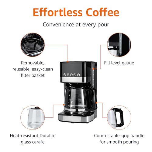 Amazon Basics Programmable 12 Cup Drip Coffee Maker, Coffee Machine with Glass Coffee Pot (1.9 Qt), Auto Shut-off, Touch Screen, Auto Pause, Removable Filter Basket, Black & Silver