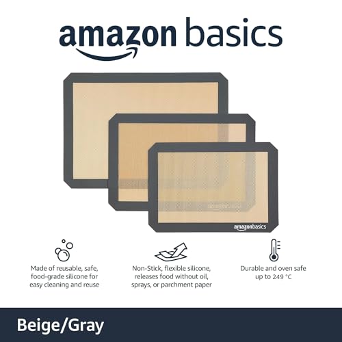 Amazon Basics Rectangular Non-Stick Silicone Baking Mat, Food Safe, Heat Resistant, 9"x13", 9.9"x14.8", and 16.5"x11.6", Beige/Gray, Pack of 3 view 2