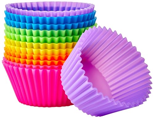 Amazon Basics Reusable Non-Stick Silicone Baking Cups, BPA Free, Muffin Liners, Dishwasher Safe, Microwave and Oven Safe, 2.9 x 2.9 x 1.3 in (LxWxH), Multicolor, 12-Pack