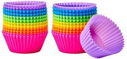Amazon Basics Reusable Non-Stick Silicone Baking Cups, BPA Free, Dishwasher Safe, Easy to Remove, Food Grade, Oven Safe, 2.9 x 2.9 x 1.3 in (LxWxH), Multicolor, 24-Pack