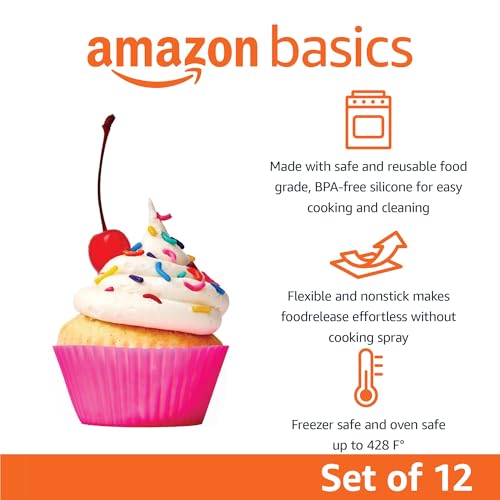 Amazon Basics Reusable Silicone Baking Cups, BPA Free Muffin Liners, Dishwasher Safe, 2.9 x 2.9 x 1.3 in (LxWxH), Multicolor, Pack of 12