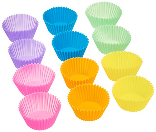 Amazon Basics Reusable Silicone Baking Cups, BPA Free Muffin Liners, Dishwasher Safe, 2.9 x 2.9 x 1.3 in (LxWxH), Multicolor, Pack of 12