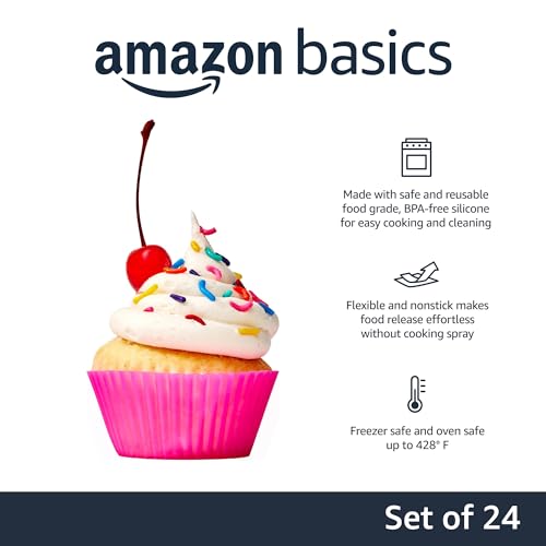 Amazon Basics Reusable Silicone Baking Cups, Non-Stick, BPA Free, Dishwasher Safe, 2.9 x 2.9 x 1.3 in (LxWxH), Multicolor, Pack of 24