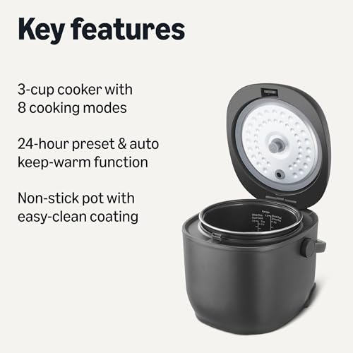 Amazon Basics Rice Cooker Small 3-cup Uncooked 6-cup Cooked, Micon with Fuzzy Logic,Keep Warm, Black view 2