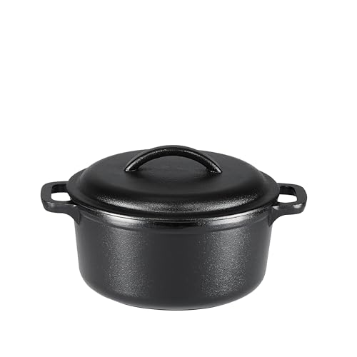 Amazon Basics Round Pre-Seasoned Cast Iron Mini Dutch Oven Pot with Lid and Dual Handles, 2-Quart, Black