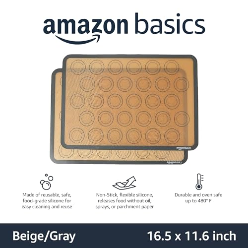 Amazon Basics Silicone Baking Mat for Macarons, Non-Stick, Food Safe, 16.5" x 11.6", Beige/Gray, Pack of 2