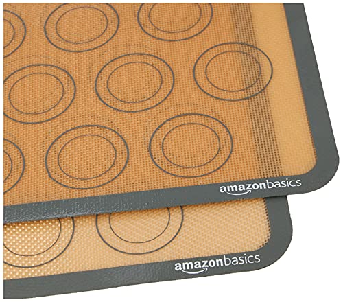 Amazon Basics Silicone Baking Mat for Macarons, Non-Stick, Food Safe, 16.5" x 11.6", Beige/Gray, Pack of 2