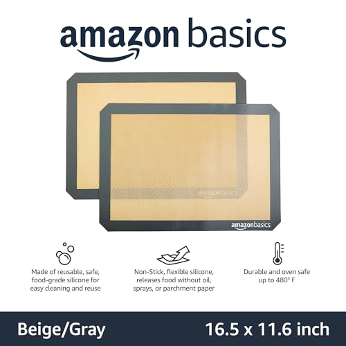 Amazon Basics Silicone Rectangular Baking Mat, Non-Stick Reusable Oven Bakeware, 16.5" x 11.6", New Beige/Gray, Pack of 2