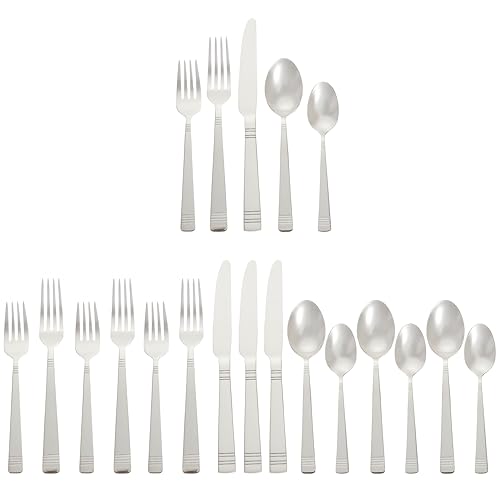 Amazon Basics Silverware, 20-Piece Stainless Steel Flatware Set, Service for 4, Durable Silver Finish, Bistro