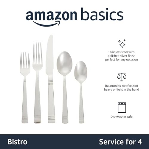 Amazon Basics Silverware, 20-Piece Stainless Steel Flatware Set, Service for 4, Durable Silver Finish, Bistro