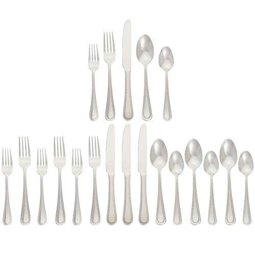 Amazon Basics Silverware Set, Stainless Steel Flatware, Dishwasher Safe, Easy to Clean, Service for 4, 20-Piece Forks and Spoons, Pearled Edge