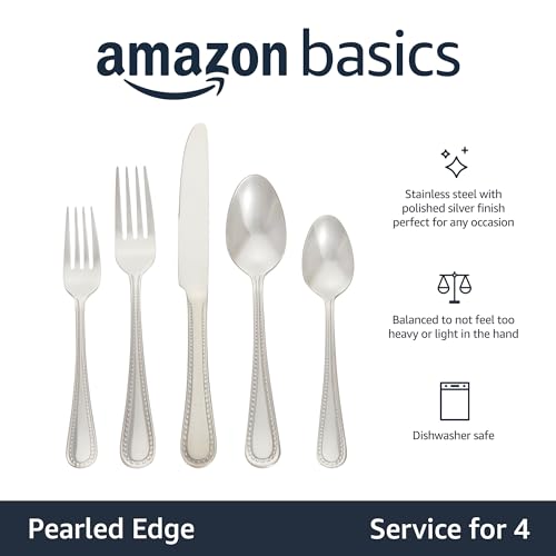 Amazon Basics Silverware Set, Stainless Steel Flatware, Dishwasher Safe, Easy to Clean, Service for 4, 20-Piece Forks and Spoons, Pearled Edge view 2