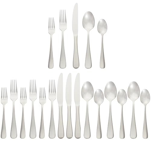 Amazon Basics Silverware Set, Stainless Steel Flatware, Dishwasher Safe, Service for 4, 20-Piece Forks and Spoons, Round Edge