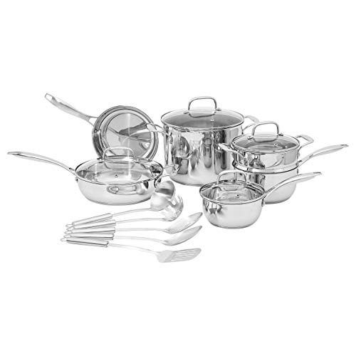 Amazon Basics Stainless Steel Cookware 15-Piece Set, Oven Safe, Induction-Ready, Even Heating, Easy to Clean, Stay-Cool Handles, Pots and Pans, Silver