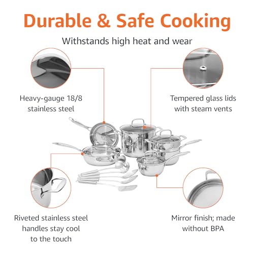 Amazon Basics Stainless Steel Cookware 15-Piece Set, Oven Safe, Induction-Ready, Even Heating, Easy to Clean, Stay-Cool Handles, Pots and Pans, Silver view 2