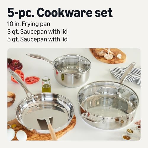 Amazon Basics Stainless Steel Cookware Set, 5-Piece, All Cooktop Friendly, Dishwasher-Safe, Induction Compatible view 2