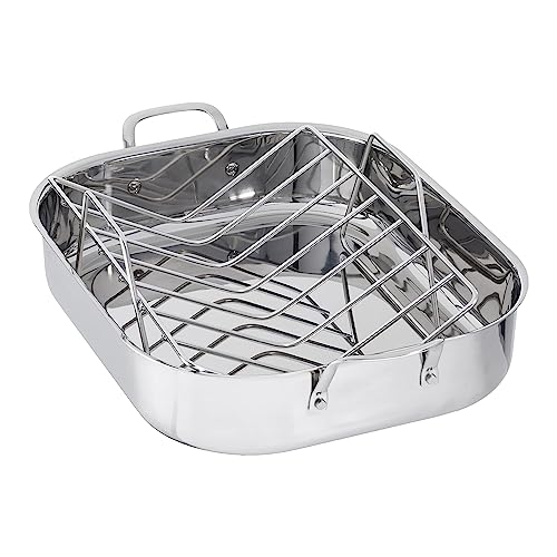 Amazon Basics Stainless Steel Rectangular Roasting Pan with Rack, 16 in