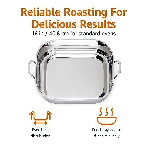 Amazon Basics Stainless Steel Rectangular Roasting Pan with Rack, 16 in