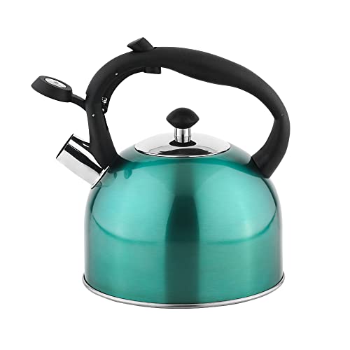 Amazon Basics Stainless Steel Tea Kettle, Hot Water Kettle with Whistle Spout, Fast Boiling, Ergonomic Handle, 2.4-Quart, Teal