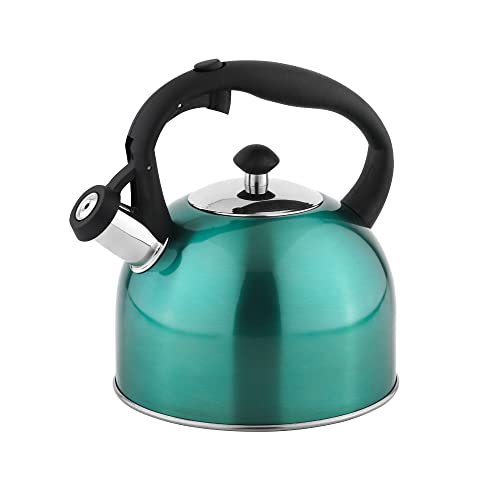 Amazon Basics Stovetop Whistling Tea Kettle, Fast Boiling, Stainless Steel, Food Grade, Ergonomic Handle, 2.3 Liter, Teal