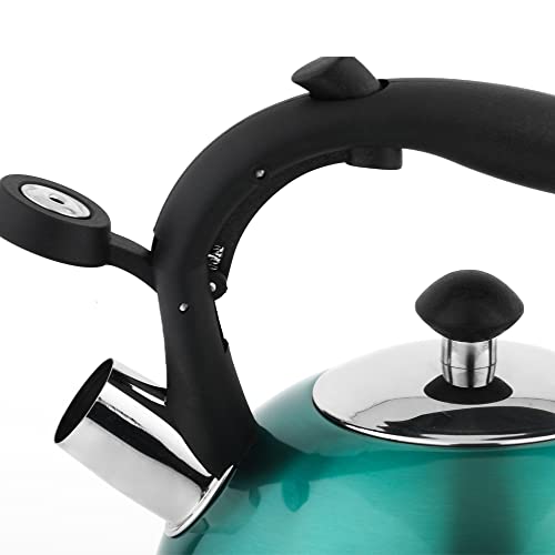 Amazon Basics Stovetop Whistling Tea Kettle, Fast Boiling, Stainless Steel, Food Grade, Ergonomic Handle, 2.3 Liter, Teal view 3