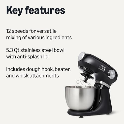 Amazon Basics Tilt-Head Stand Mixer with 5.3Qt Bowl, Dough Hook, Beater and Whisk,12 Speeds, 350W, Black view 2