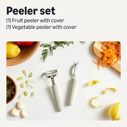 Amazon Basics Vegetable Peelers with Ultra-Sharp Stainless Steel Swivel Blades, Non-Slip Soft-Touch Handle, Protective Covers, 2-Piece Set, Dishwasher-Safe, Linen Gray view 2