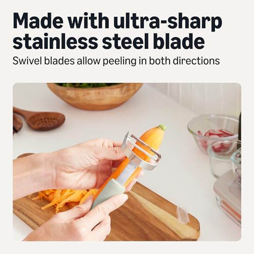 Amazon Basics Vegetable Peelers with Ultra-Sharp Stainless Steel Swivel Blades, Non-Slip Soft-Touch Handle, Protective Covers, 2-Piece Set, Dishwasher-Safe, Linen Gray view 3