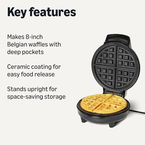 Amazon Basics Waffle Iron, Mini Belgian Waffle Maker with Round 8-Inch Ceramic Nonstick Plate, Adjustable Browning Control, Cool Touch Handle, Vertical Storage, 8 Inches, Black view 2