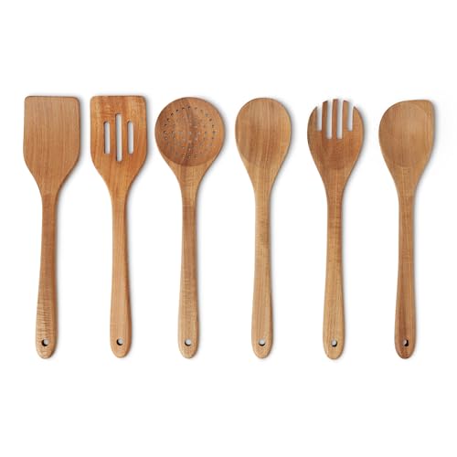 Amazon Basics Wooden Cooking Utensils, 6-Piece Set, Acacia Wood, Pre Oiled, Cookware-Safe, Ideal for Nonstick