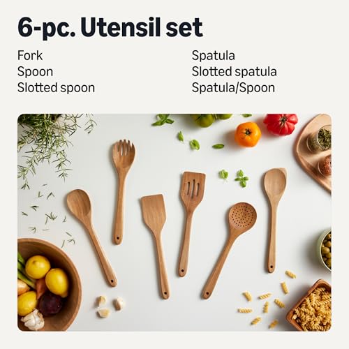 Amazon Basics Wooden Cooking Utensils, 6-Piece Set, Acacia Wood, Pre Oiled, Cookware-Safe, Ideal for Nonstick view 2