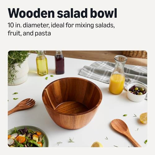 Amazon Basics Wooden Salad Bowl, Acacia Wood, 10 in., Family Size Serving Bowl view 2