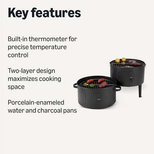 Amazon Basics 16 inch Vertical Charcoal Outdoor Smoker, BBQ Grill, with Built-in Thermometer, 2-Layer Design, Adjustable Air Supply Control, Black view 2