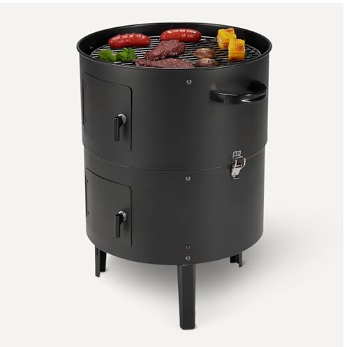 Amazon Basics 16 inch Vertical Charcoal Outdoor Smoker, BBQ Grill, with Built-in Thermometer, 2-Layer Design, Adjustable Air Supply Control, Black view 3