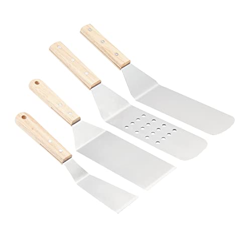 Amazon Basics 4-Piece Stainless Steel BBQ Grilling Tool Set for Outdoor Cooking, Griddle Spatula, Heat Resistant, Dishwasher Safe, Silver