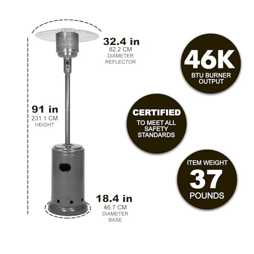 Amazon Basics 46,000 BTU Portable Outdoor Propane Patio Heater with Wheels, Commercial & Residential with Water Tank, Adjustable Heat Output, 9-Foot Radius, Slate Gray, 32.1"L x 32.1"W x 91.3"H view 2