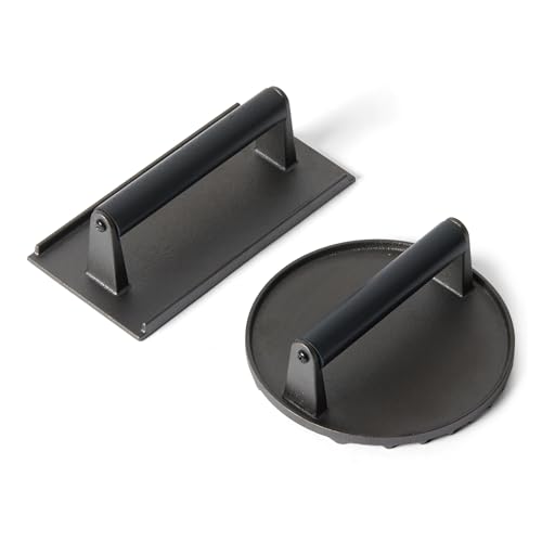 Amazon Basics Cast Iron Burger Press with Wooden Handle, Grooved Bottom, 6.8 inch Round & 11.3 x 8.3 inch Rectangle, Black, 2-Pack